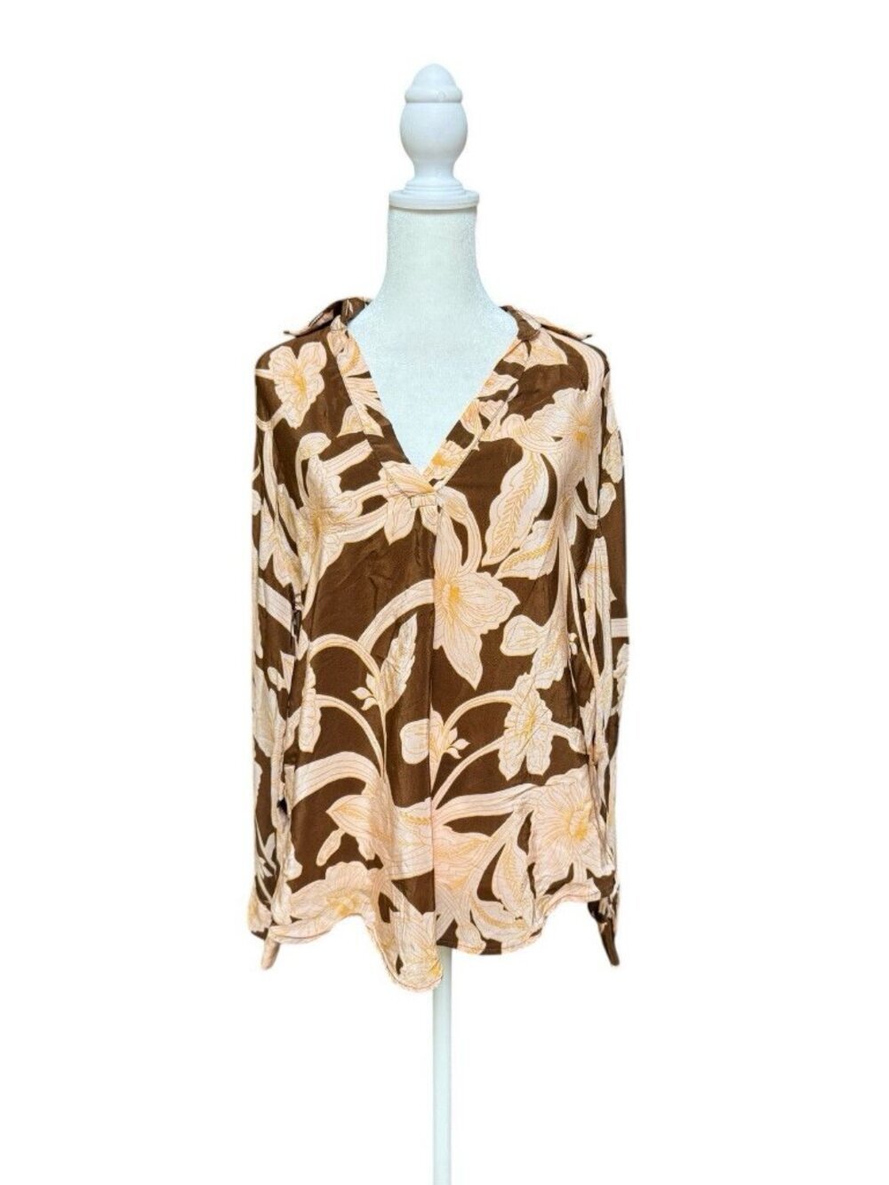 Mango Floral Blouse Button Front Long Sleeve Brown Size S